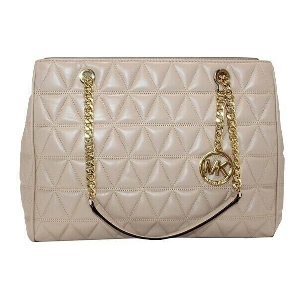 $498 MICHAEL KORS Susannah Quilt Lamb Soft Leather Large Tote NEW Tan Oyster