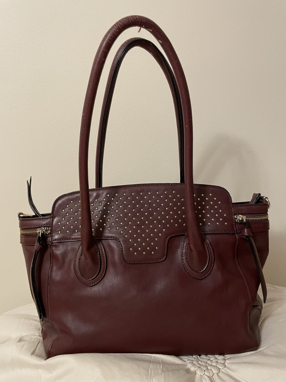 Melie Bianco Anthropologie Handbag Purse Maroon Burgundy Bag Cranberry Gold Flaw