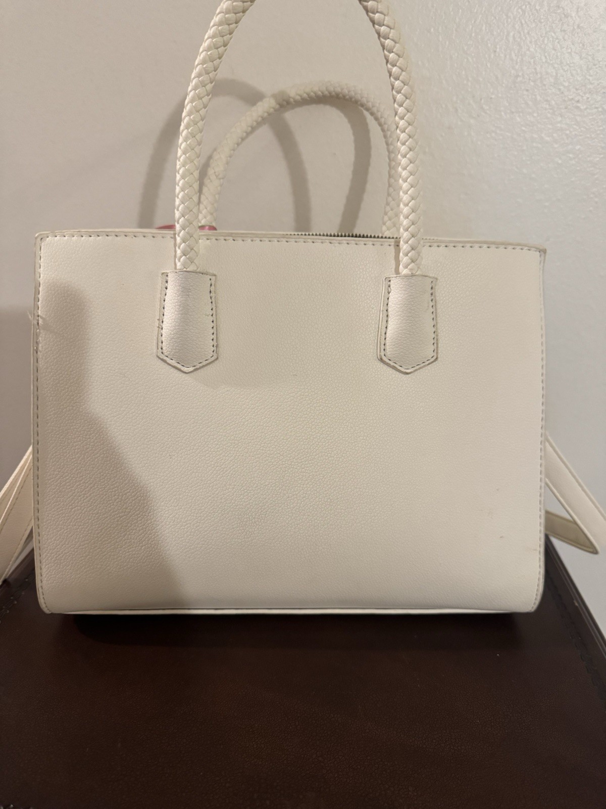 Women’s White Medium Satchel Top Handle Bag Braided Handles Strap Zip Scarf