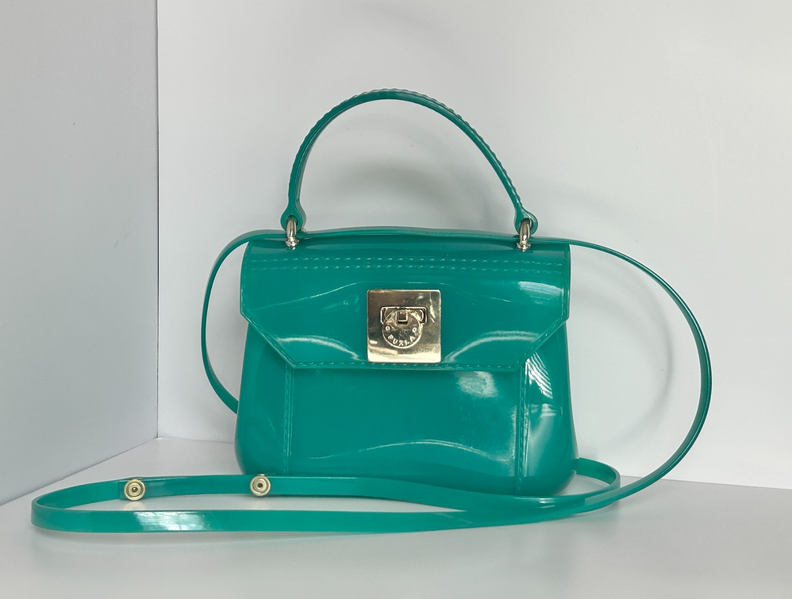 Furla Candy Bag Mini Satchel Convertible Crossbody Teal Green Jelly PVC Italy