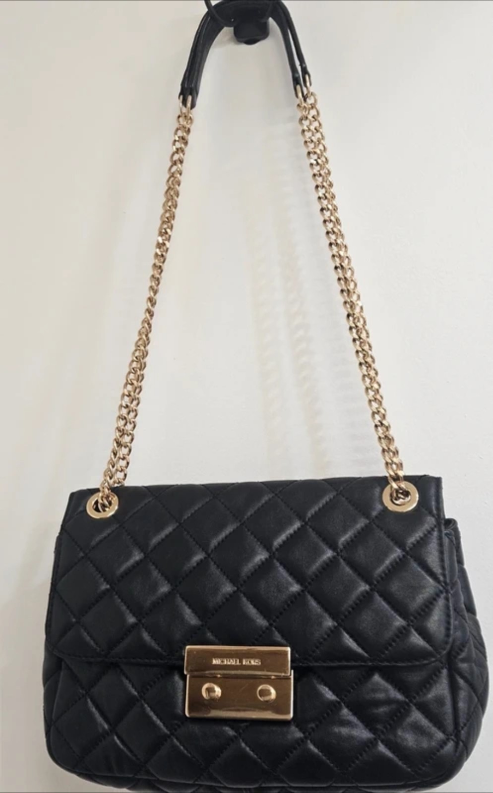 Michael Kors Black Quilted Shoulder Flap Bag W/Gold Chain Strap Turn Lock Medium