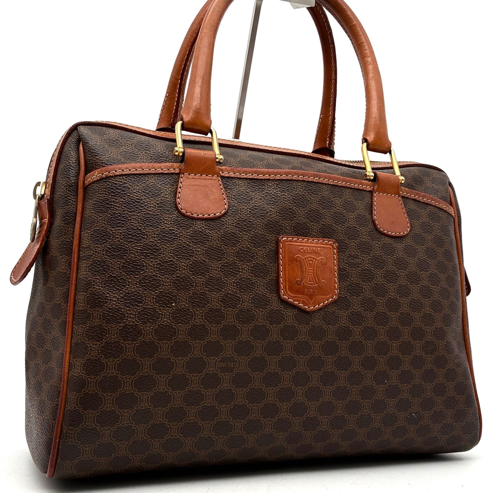 Celine Macadam Triomphe Mini Boston Bag Brown PVC Leather Travel Auth