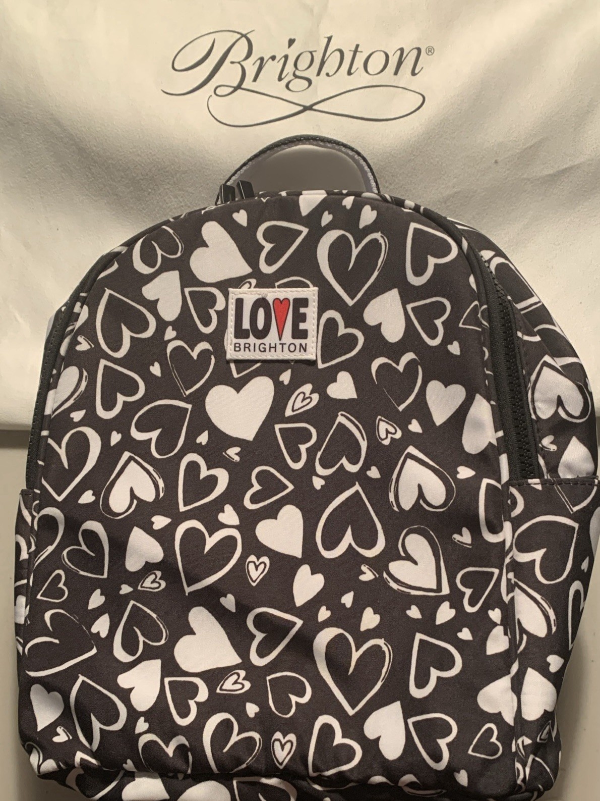Brighton Black White Heart Print Backpack with Zipper Accents, Dust Bag