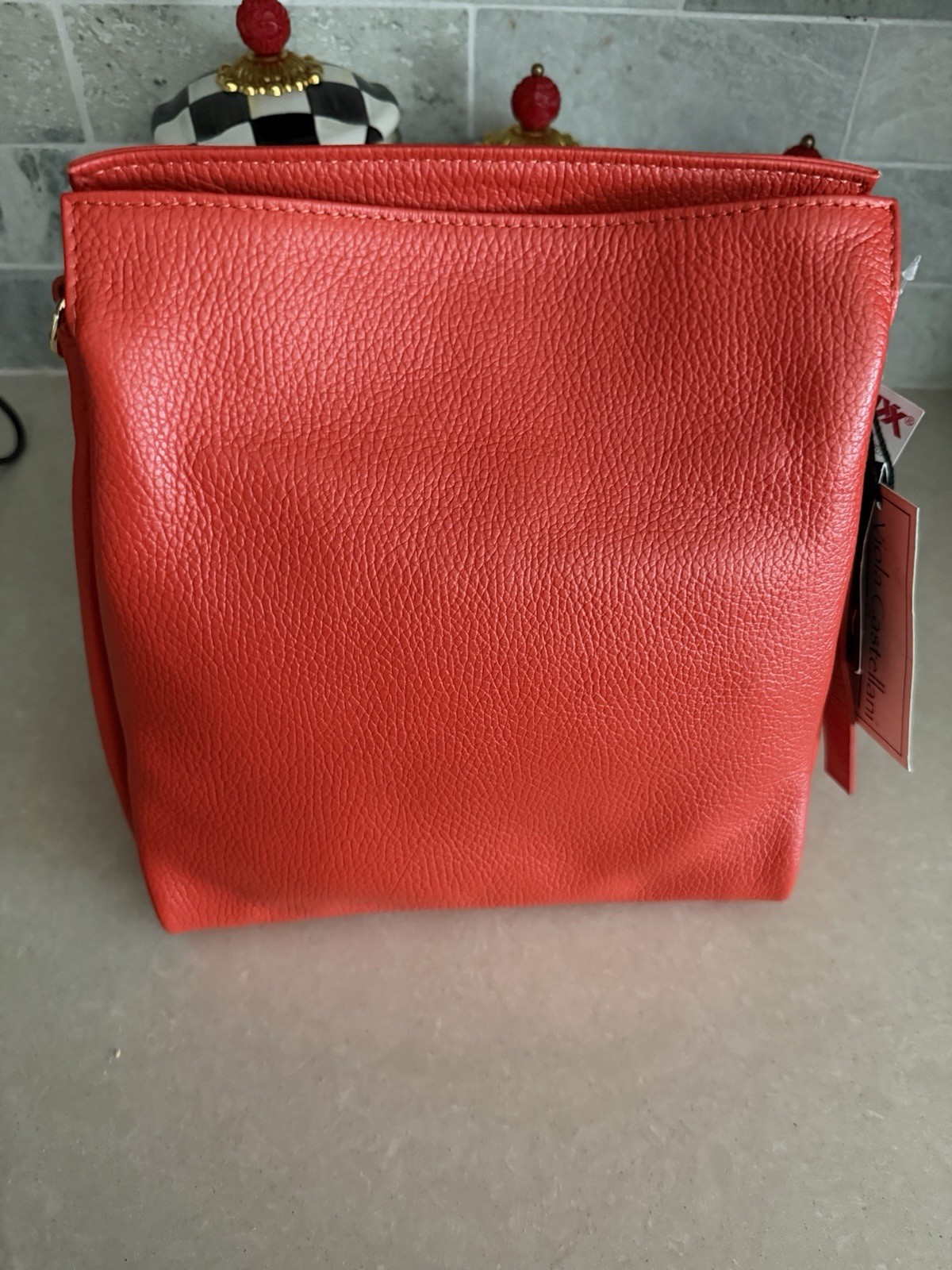 Viola Castellani Red Pebbled Top Handle Bag Zip Closure Detachable Strap Gold