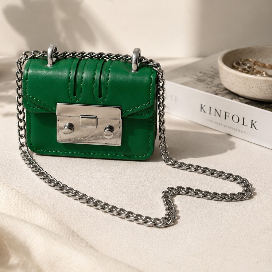 Green Mini Women’s Crossbody Bag Silver-Tone Chain Strap Latch Closure