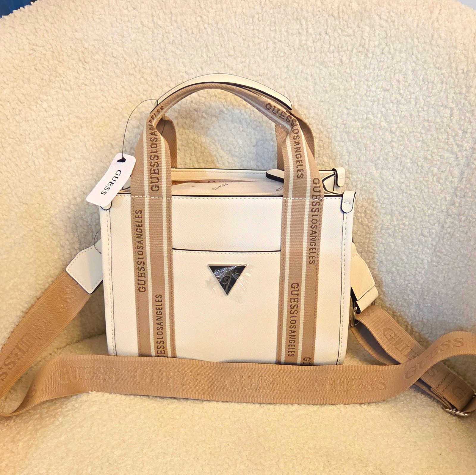 GUESS Logo Satchel Top Handle Crossbody Bag White/Beige, Zip, Detachable Strap