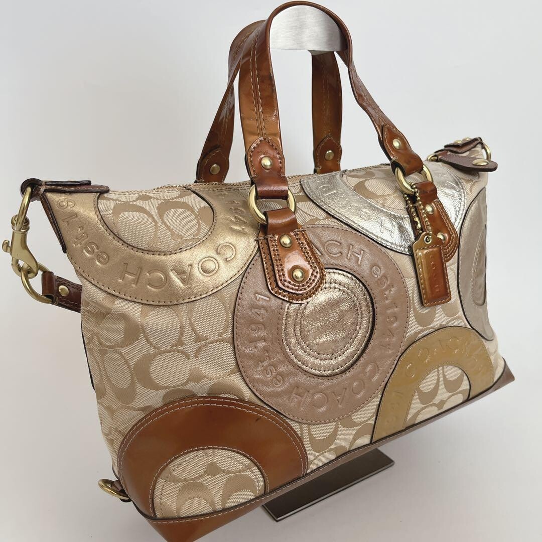 Coach Ashley 2Way Signature Patchwork Shoulder Bag Gold Bronze Canvas Satin