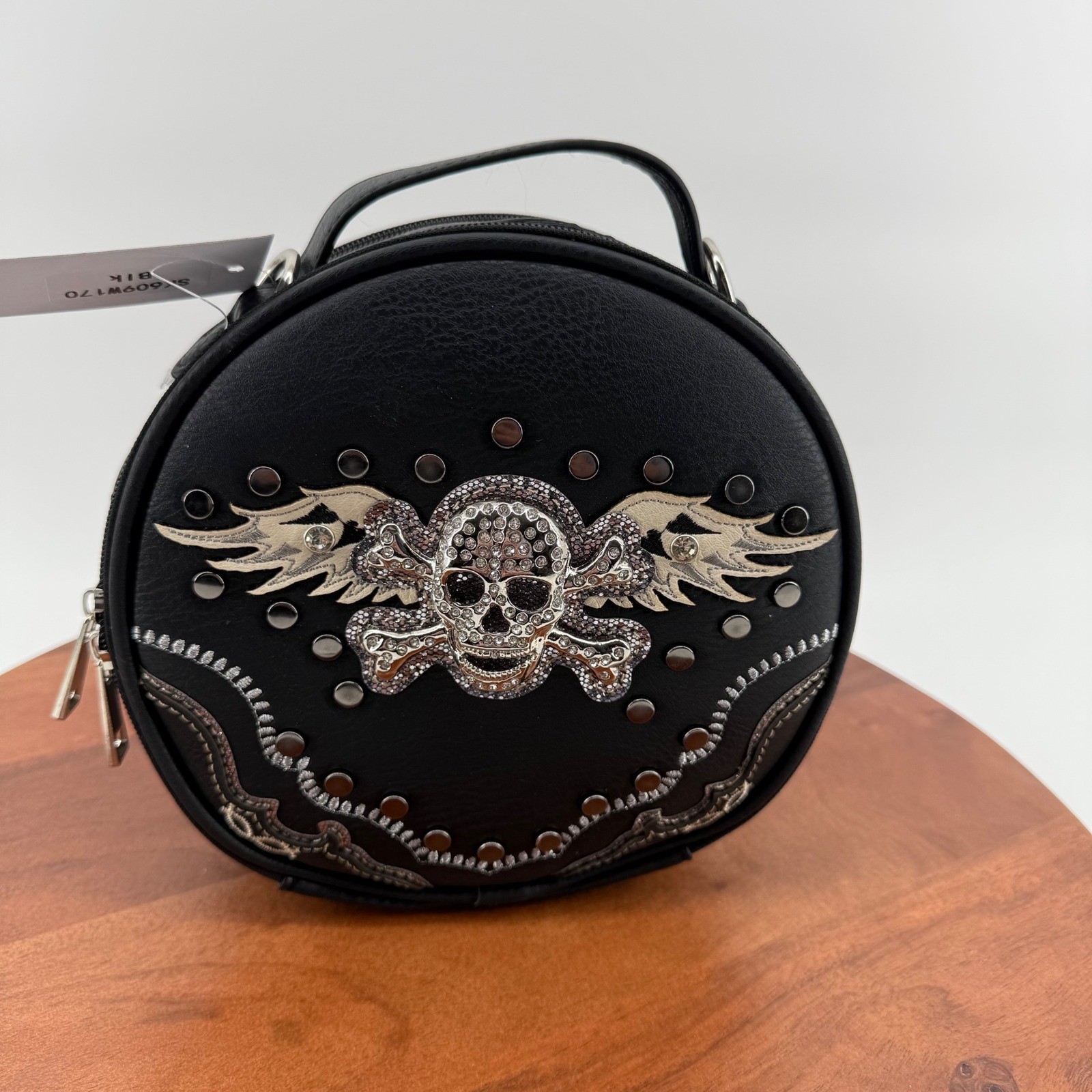 Black Faux Leather Round Skull Crossbody Bag Rhinestone Wings Studded Edgy Goth
