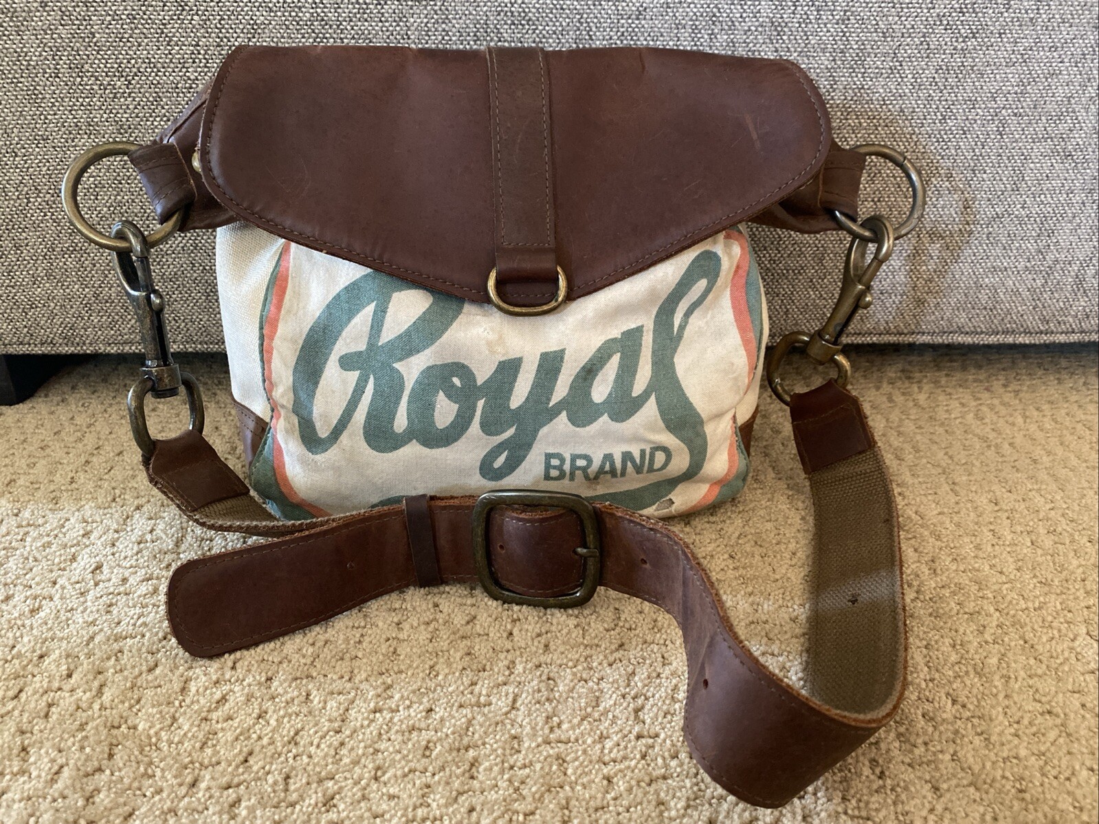 SELINA VAUGHAN Vtg Royal Seed Sack & Leather OOAK Crossbody Bag Artisan Made