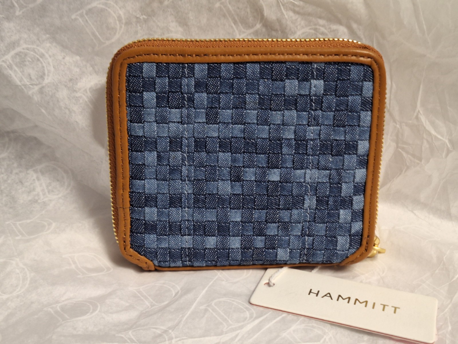 Hammitt Mosaic Denim and Tan Leather North Gold Studded Wallet