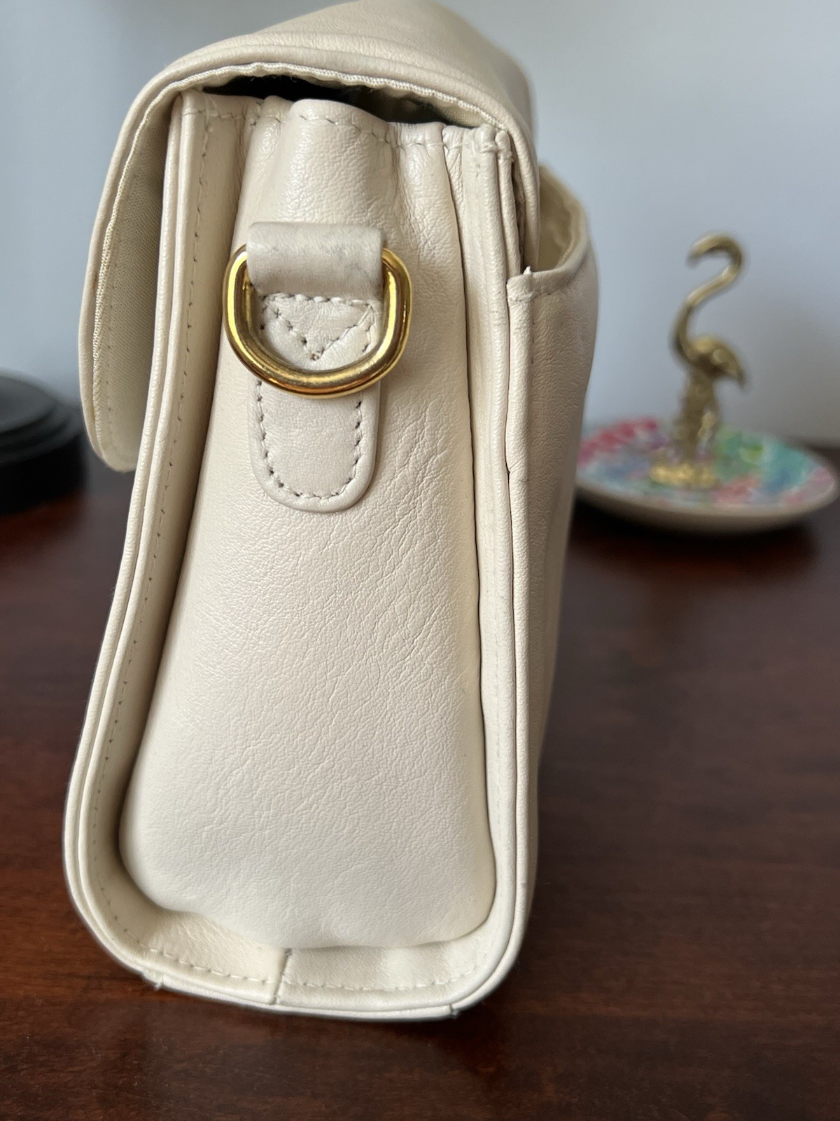 Etienne Aigner Leather Ivory Handbag with Crossbody Adustable Strap Gold Accents