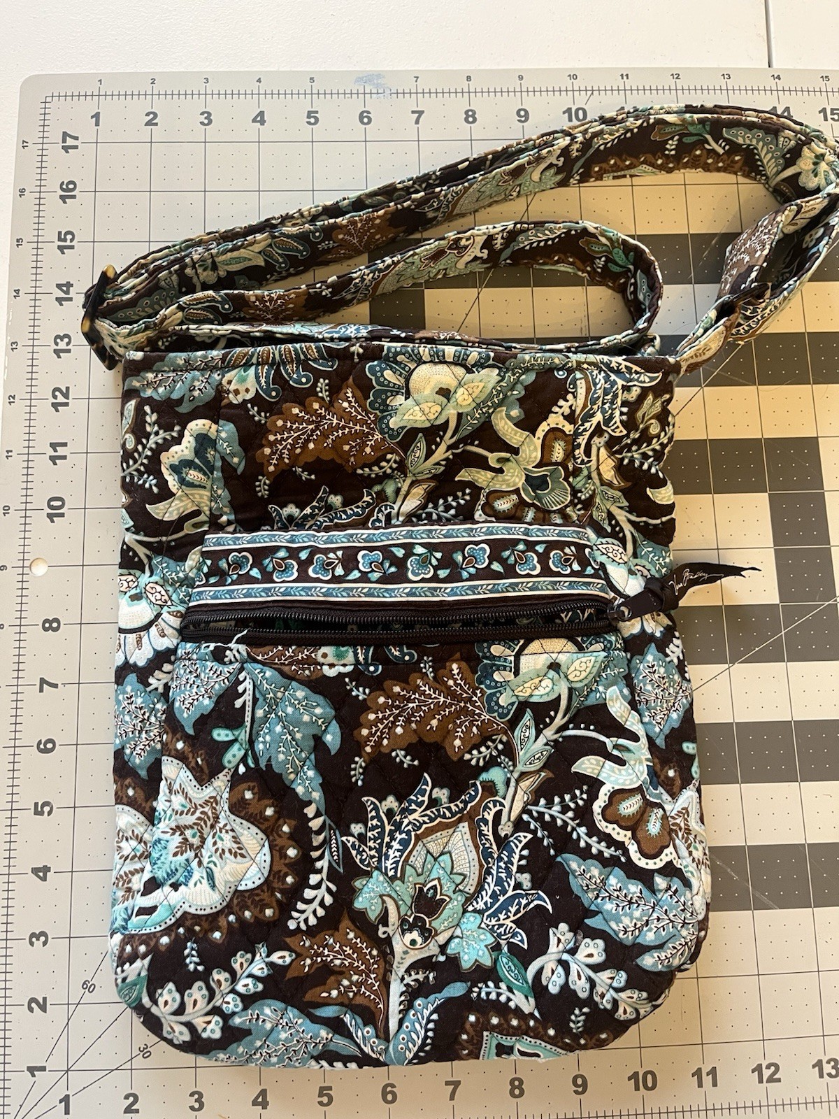 Vera Bradley Floral Crossbody Bag Brown Blue White Beige Zip Closure Lined