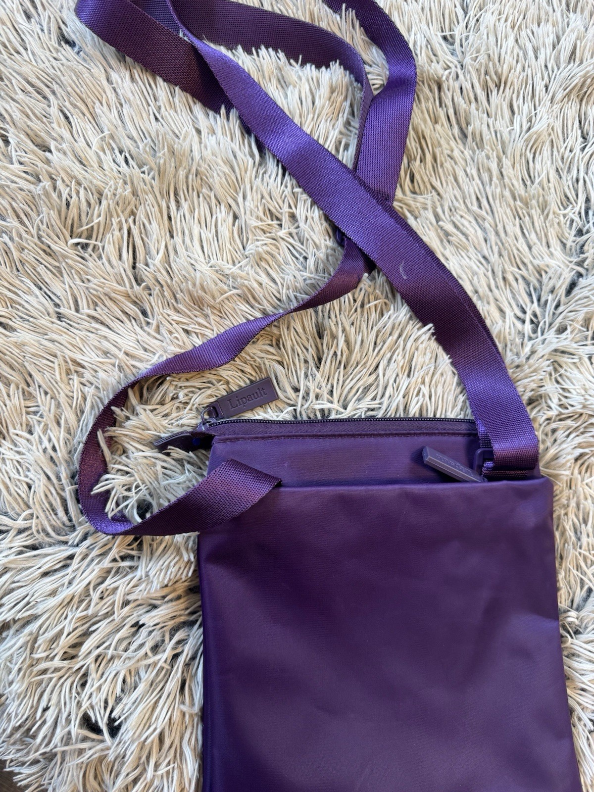 Lipault Purple Solid Crossbody Bag Adjustable Strap Zip Closure Logo Zipper