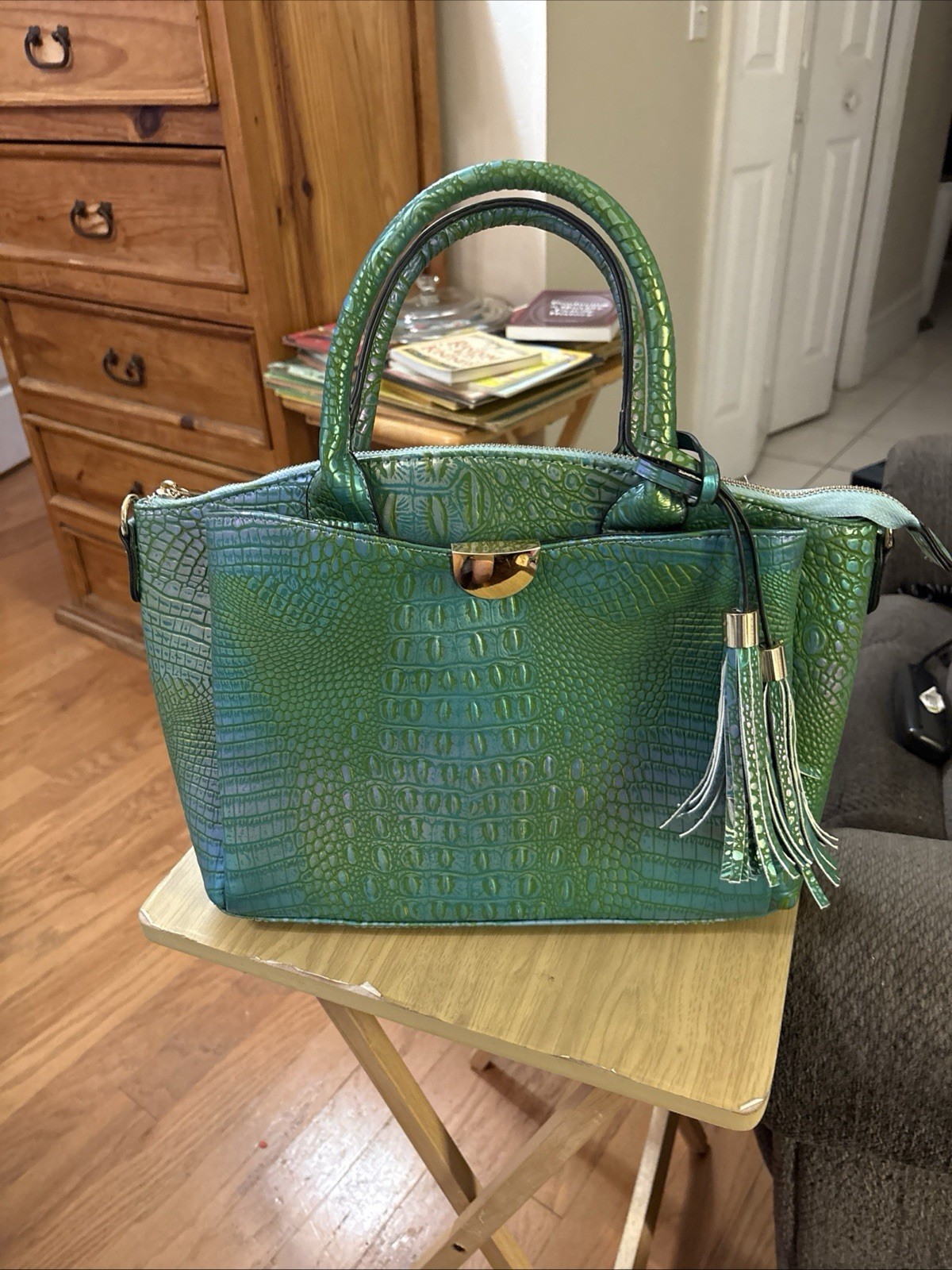 Croc-embossed Alligator Vegan Leather with a Green Blue Gradient Shoulder Bag
