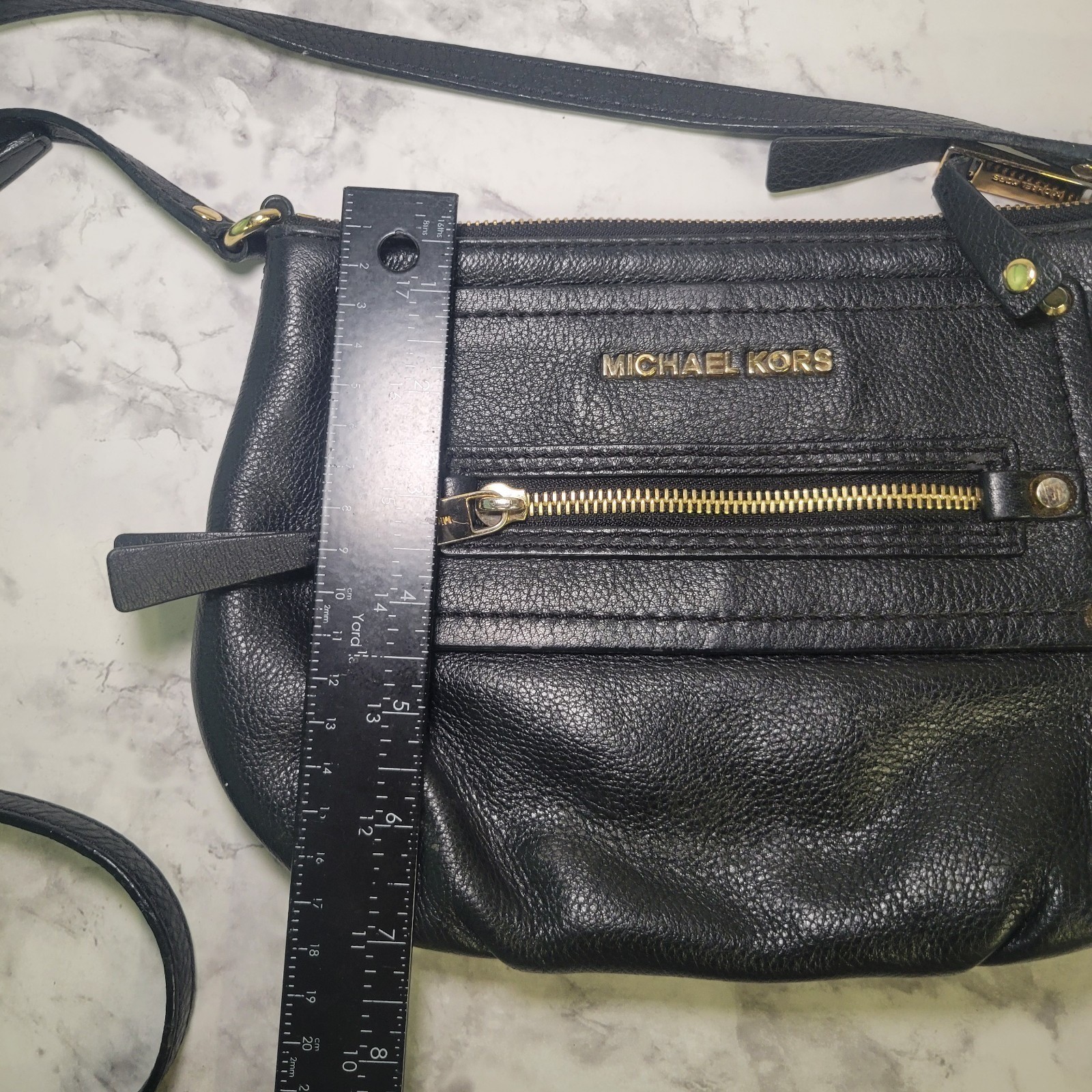 Michael Kors Black Pebbled Leather Crossbody Bag Gold Hardware Front Zip Pocket