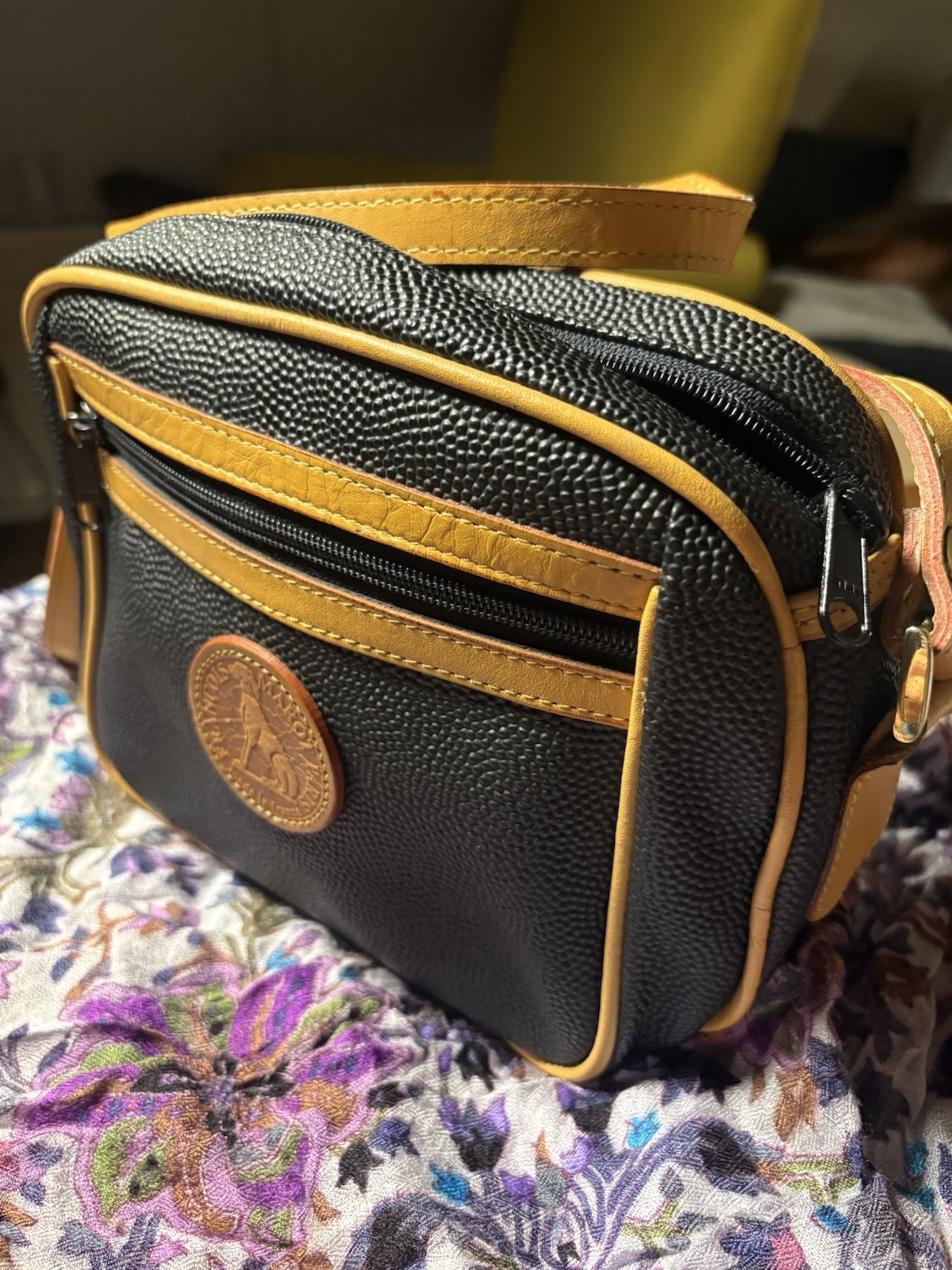 Hunting World Black Pebbled Shoulder Bag with Logo Patch and Tan Strap