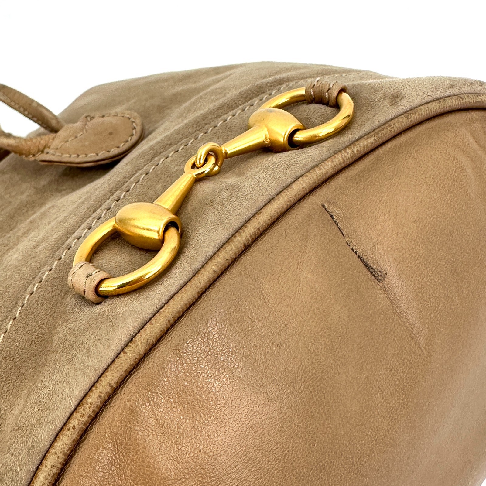 GUCCI Horsebit Suede Drawstring bag Beige Suede Authentic