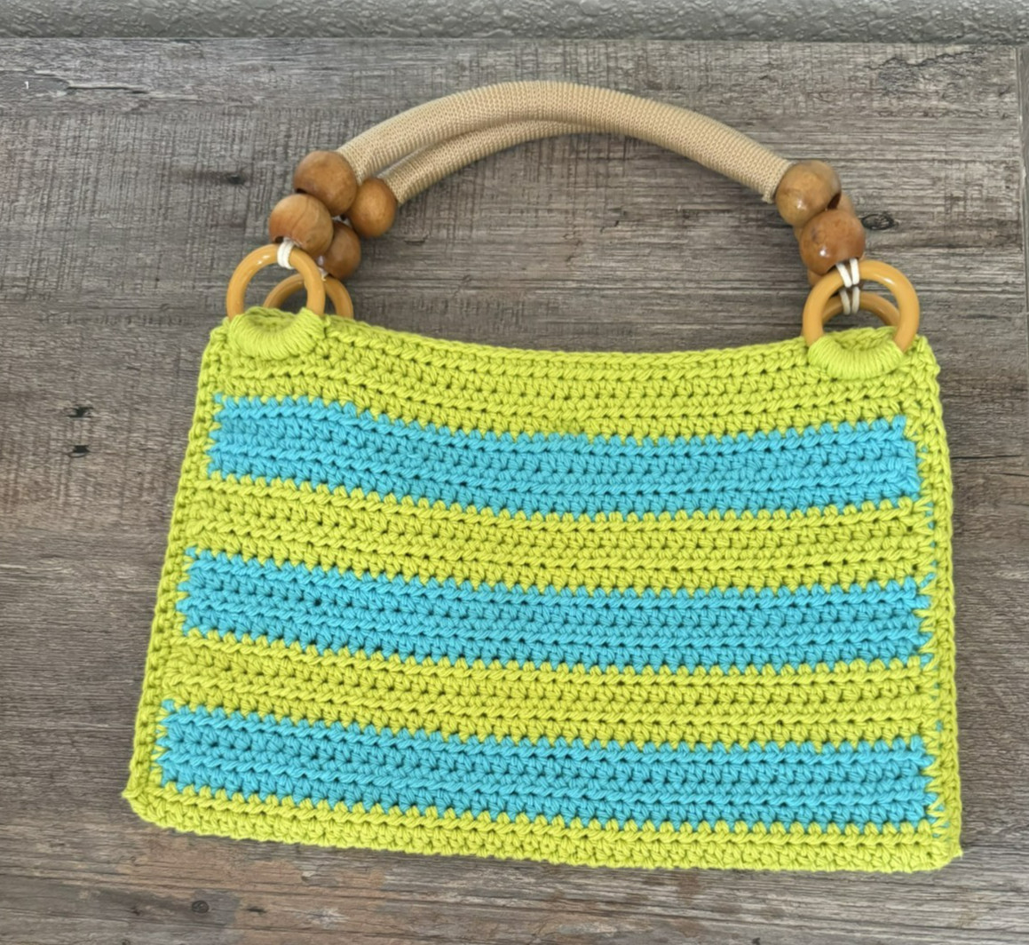 Colorful Crochet Shoulder Bag Purse Handmade Stripped Blue & Lime Green Handbag