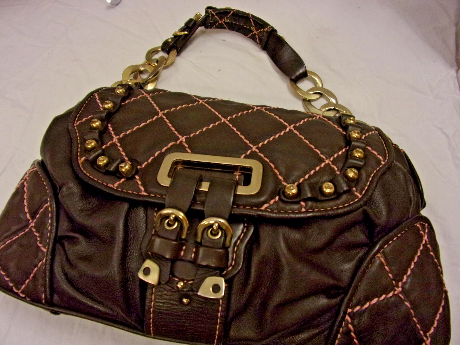 Vintage Y2K Juicy Couture Brown Leather Pink Stitch Quilted Hobo Studded Bag