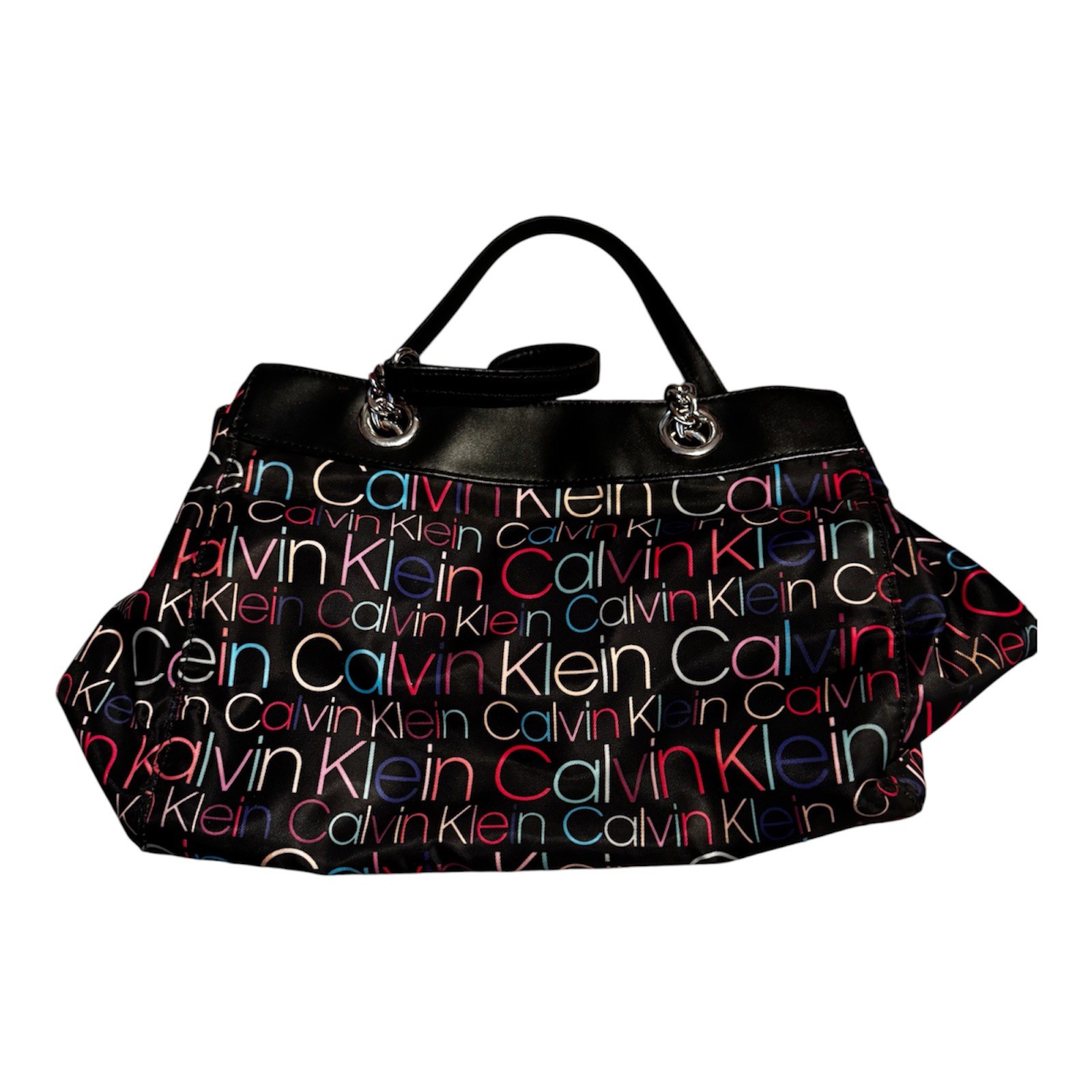 Calvin Klein Black Multicolor Logo Print Nylon Tote Shoulder Bag Zip Top