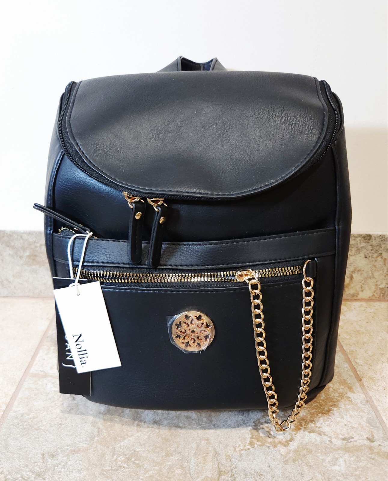 Nollia | Black PETA Vegan Leather Gold Zipper Chain Small Backpack Bag NWT NEW ✨