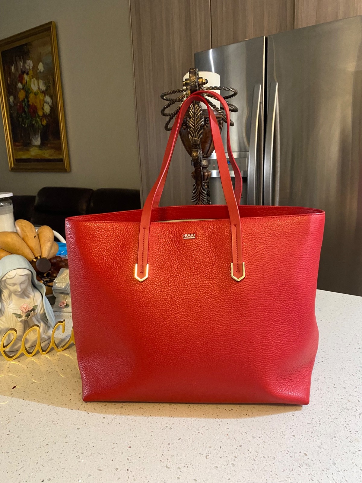 Hugo Boss genuine red leather double handle tote bag