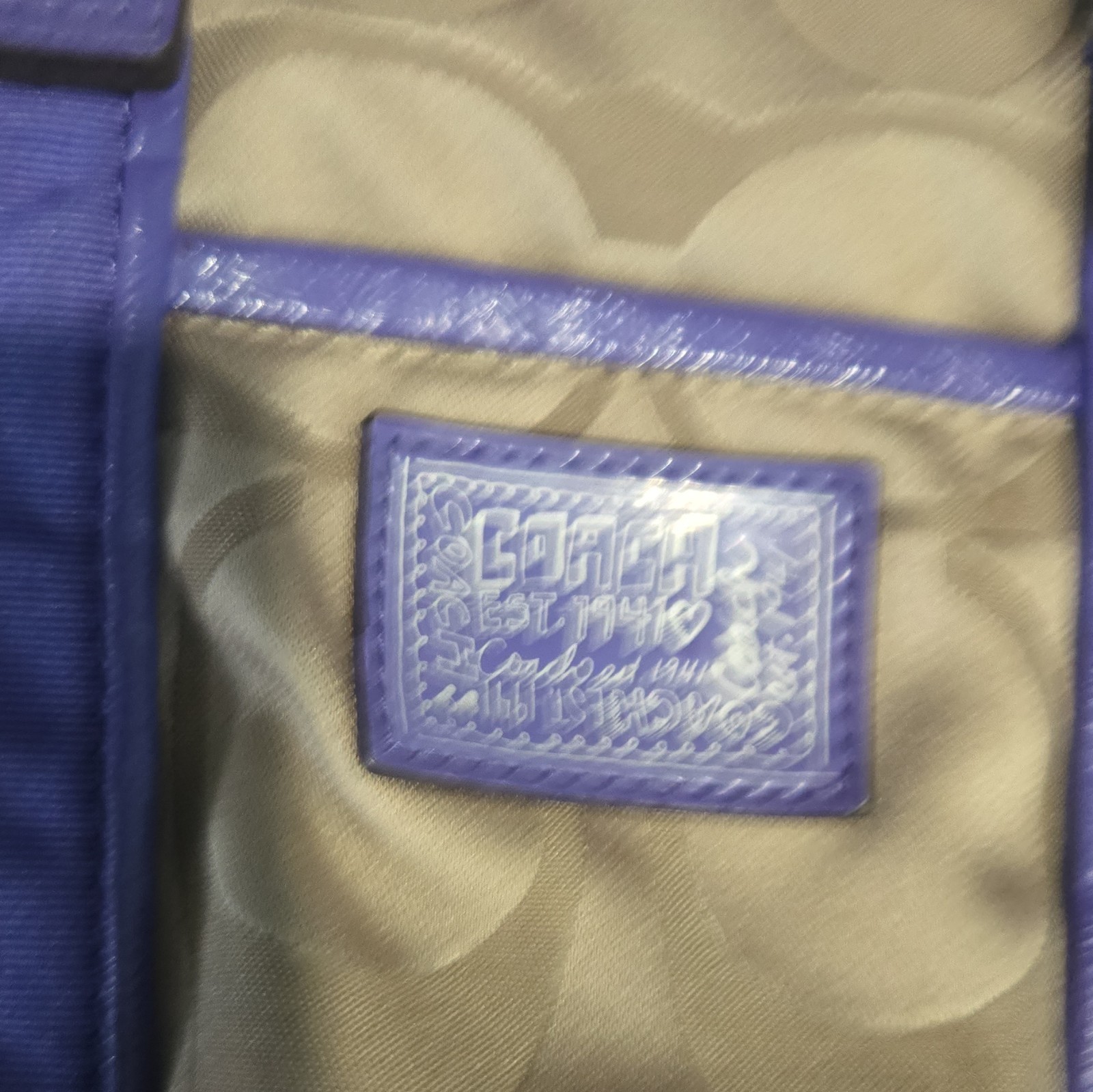 Coach Signature Beige/Purple Large Satchel Zip Silver Heart Pulls Strap Pockets