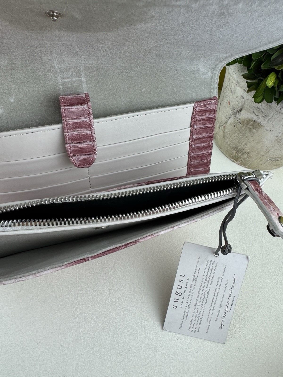 August The Chelsea Clutch Rosy Snake Effect Leather New With Tags 10 Card & 4