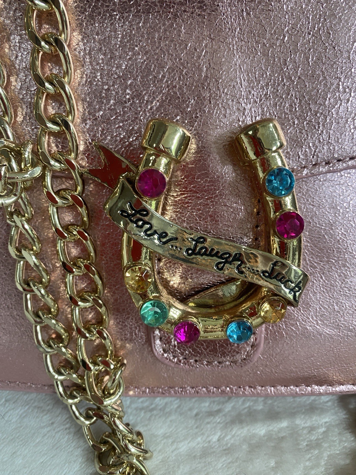 NWT Betsy Johnston Pink Gem-Embellished HORSESHOE Crossbody Bag with Chain Strap