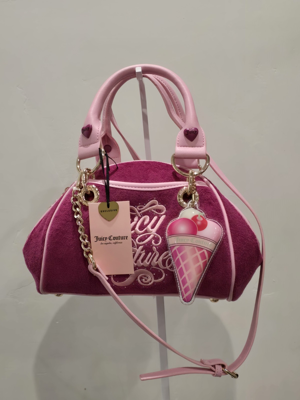 JUICY COUTURE Sugar Rush Velour Satchel Bowler Bag Ice Cone Charm Raspberry Tart