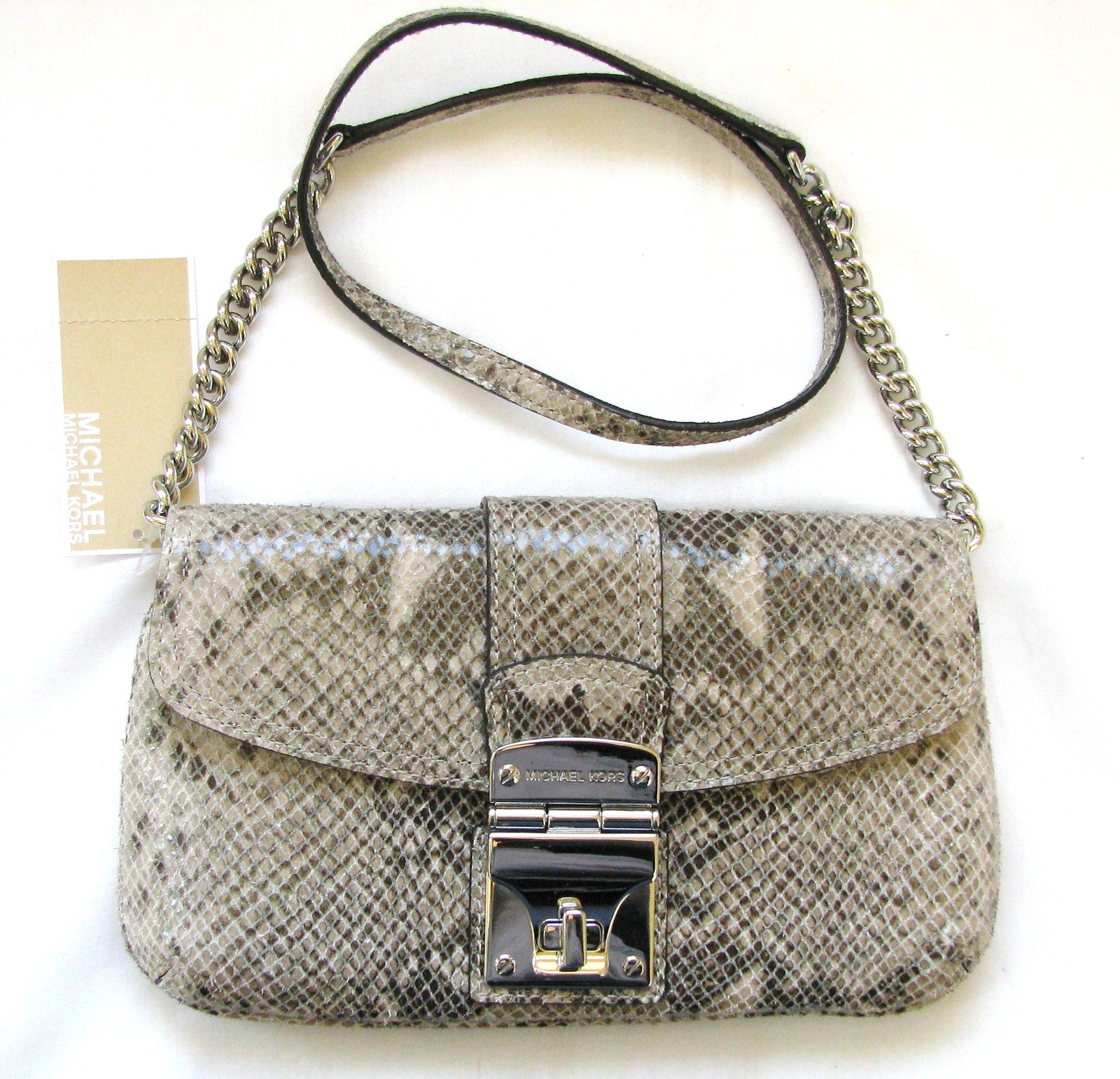 NEW MICHAEL KORS JENNA ANGORA,SAND PYTHON LEATHER+SILVER CLUTCH SHOULDER BAG