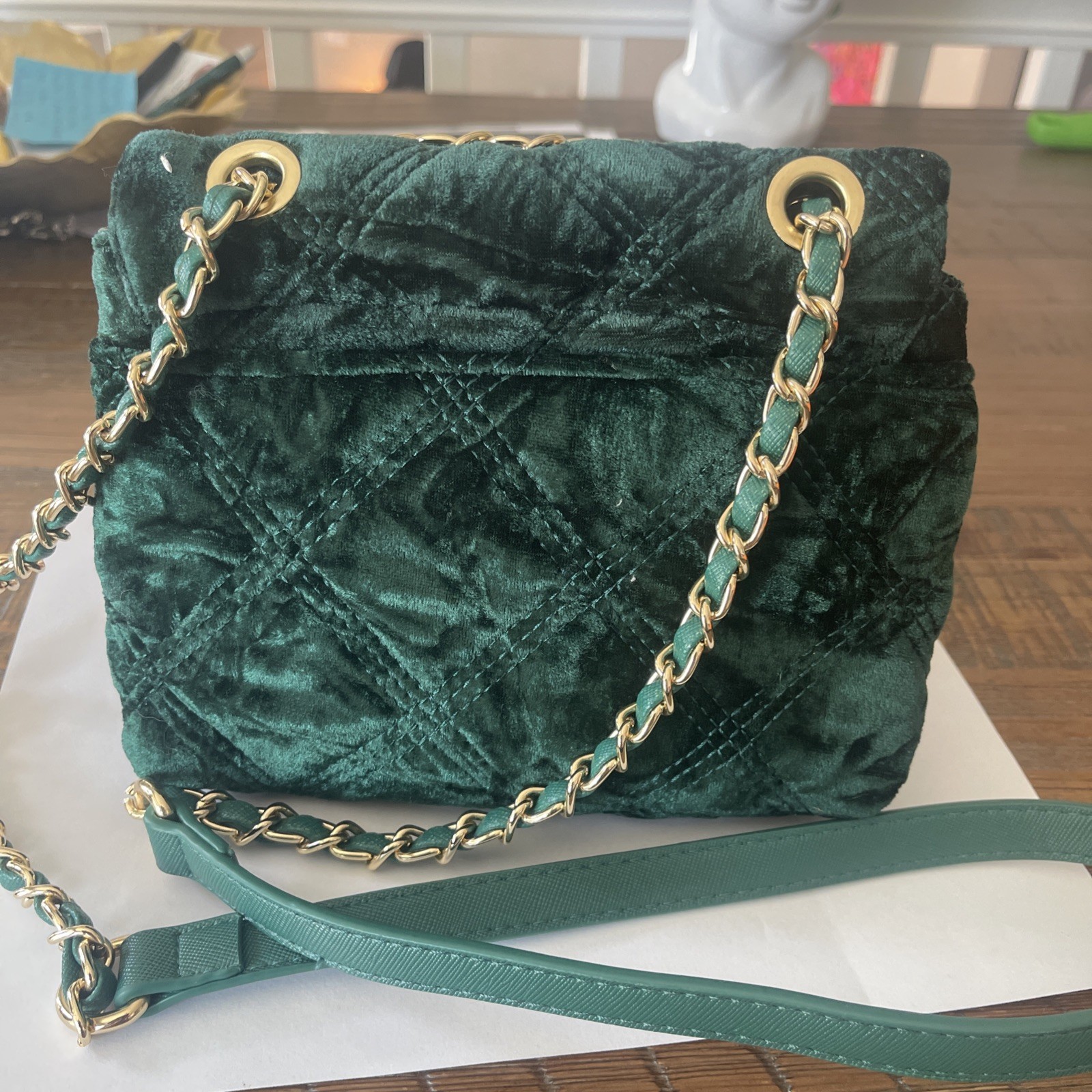 Betsey Johnson Small Purse/ Crossbody Green Velvet Quilted Chain Strap