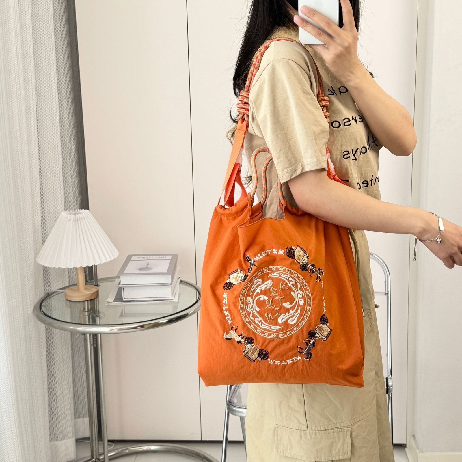 Orange National Style Carriage Embroidery Shopping NylonHand-held Shoulder Bag