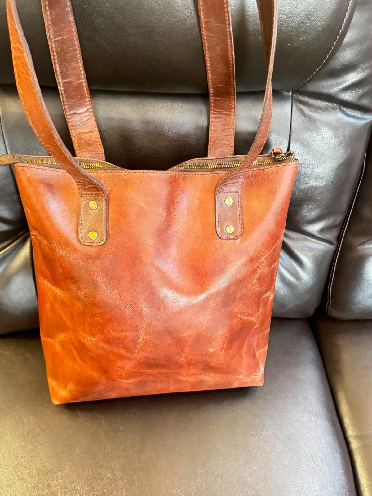 Cuero Guapo Genuine Leather Tote Bag Brown Zip Shoulder Handbag Purse Distressed