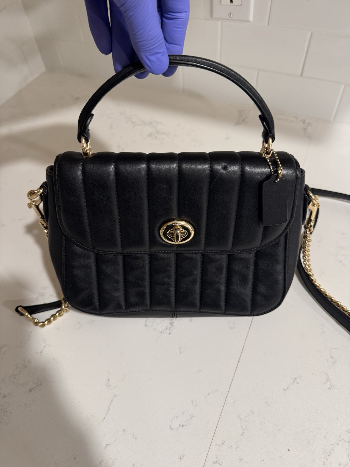 Coach Tilly Top Black Quilted Leather Small Satchel Bag Calfskin Lined