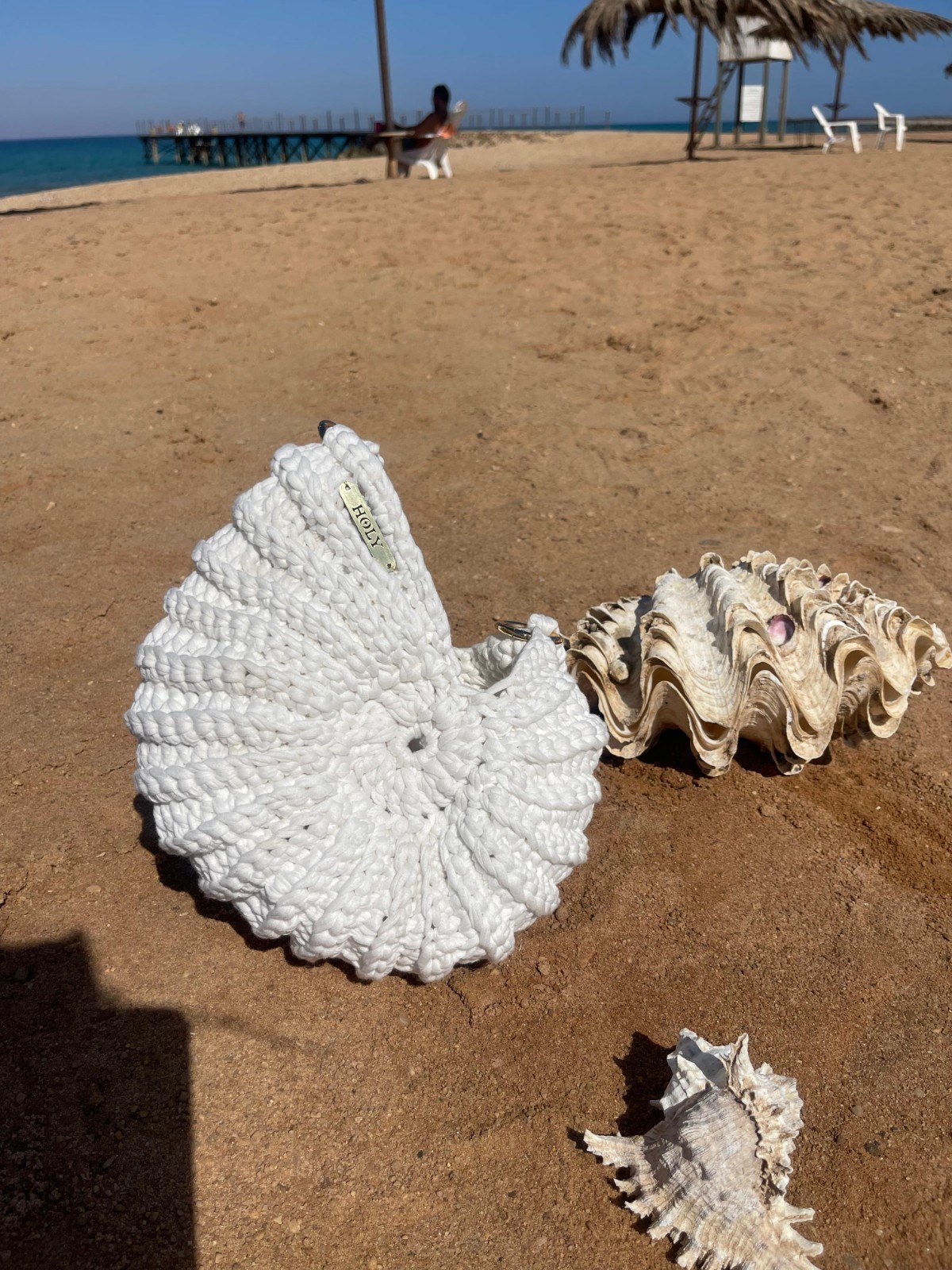 HOLY White Handmade seashell bag. Small Round Drawstring Bag w/ Detachable Strap