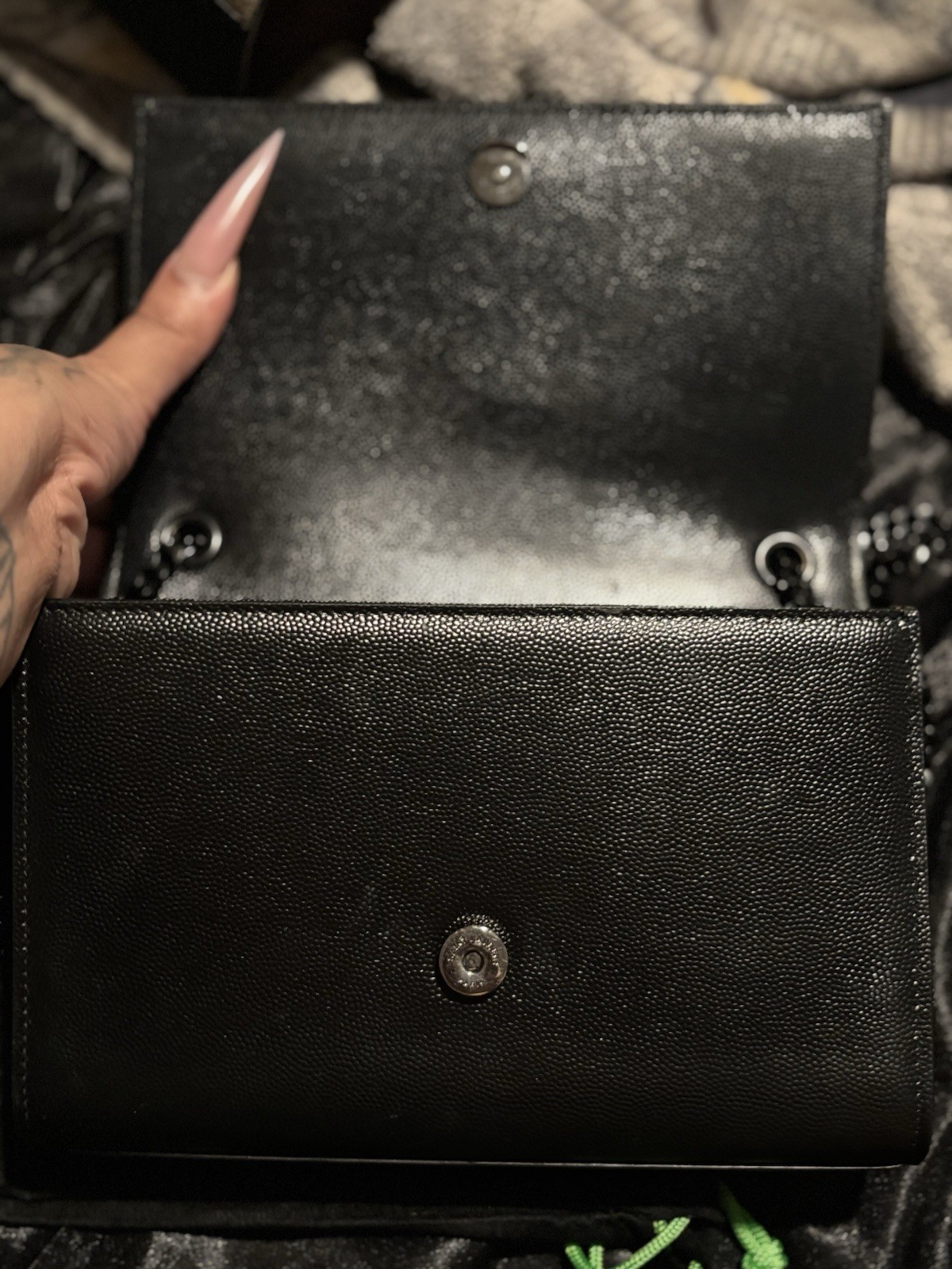 Saint Laurent YSL Black Pebbled Chain Crossbody Wallet Bag Snap Closure Small