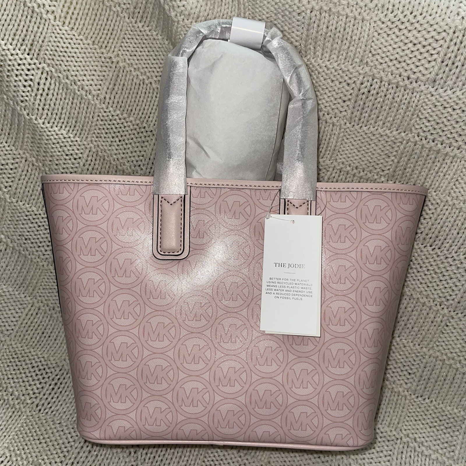 NWT MICHAEL KORS JODIE SMALL LOGO JACQUARD TOTE BAG 35H1T2JT1C POWDER BLUSH $348