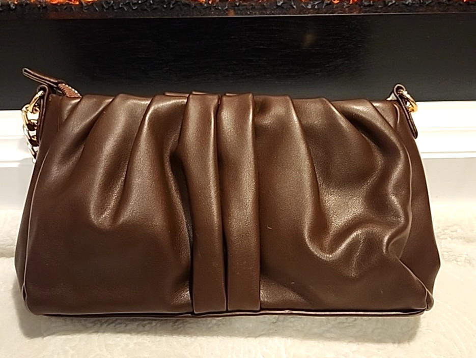 Madison West Brown Gold Tone Chain Strap Small Shoulder Evening Bag Purse