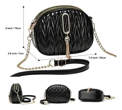 Women’s Black Quilted Faux Leather Crossbody Bag with Tassel – Elegant