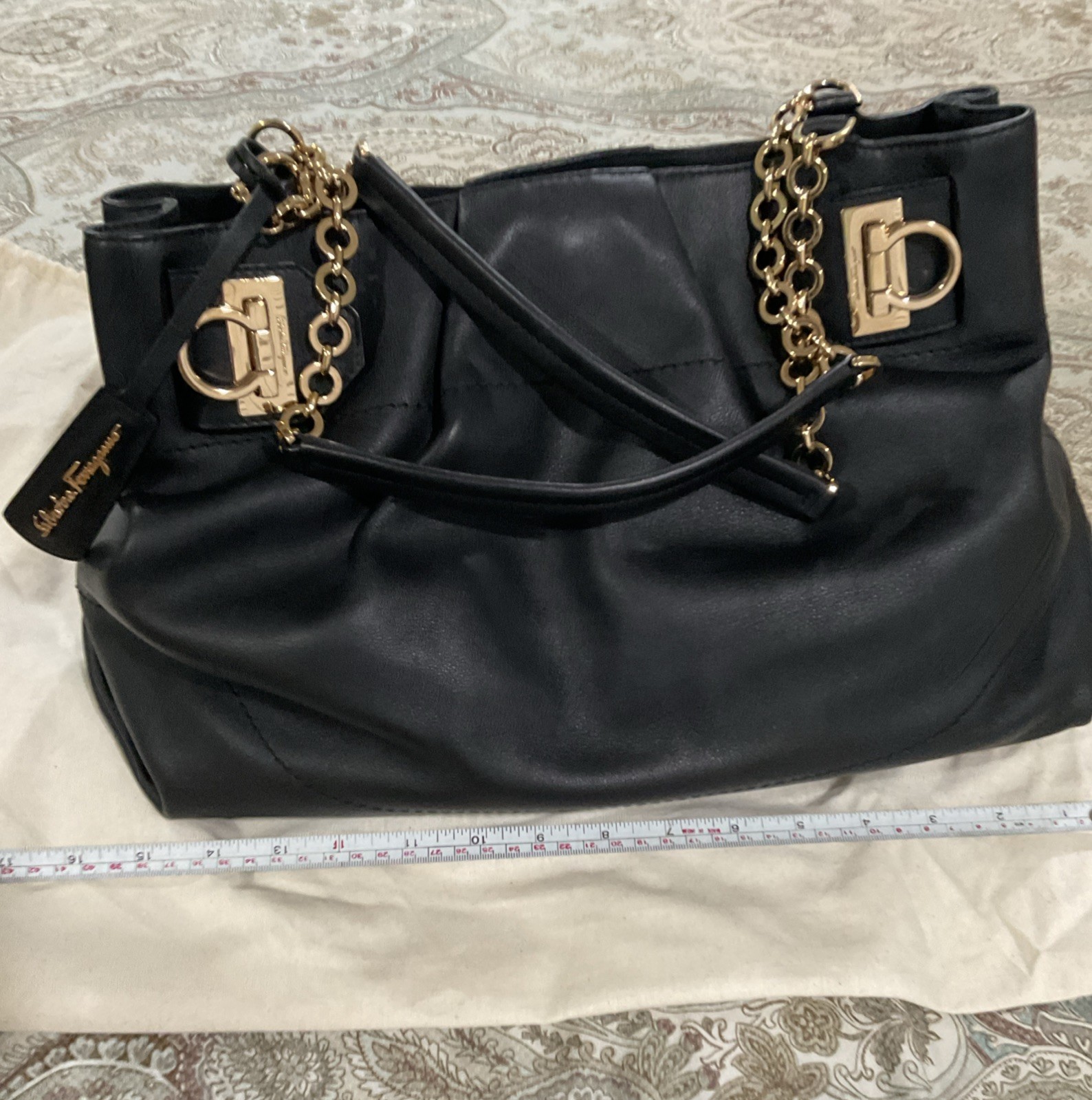 ferragamo Gancini Black Leather Shoulder Bag W Gold Hardwear In Dust Bag