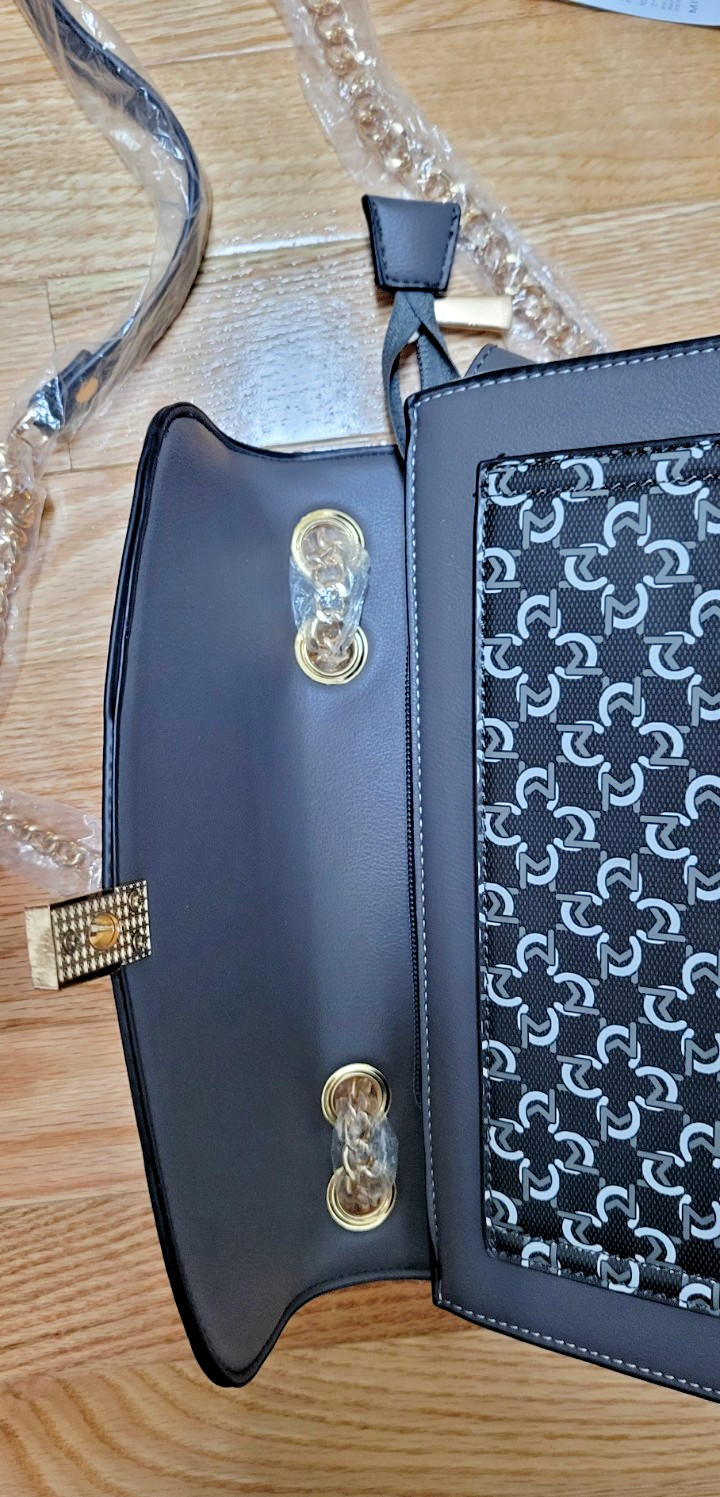 NEW w/Tags -Micussi Hand or Shoulder Bag- Gray, Ivory & Black w/Gold Chain Strap
