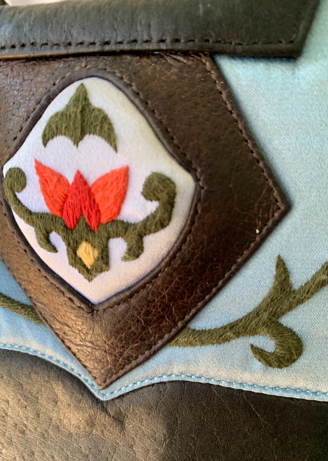 Oovoo Hand Embroidered Purse Leather Gold & Aqua