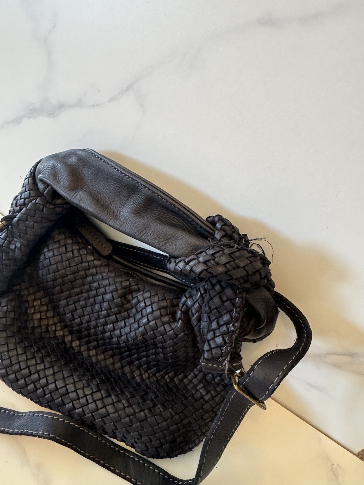 Mela D’Oro Leather Shoulder Bag Purse BL254 Black Nero 10”x7” Handle Knot NEW