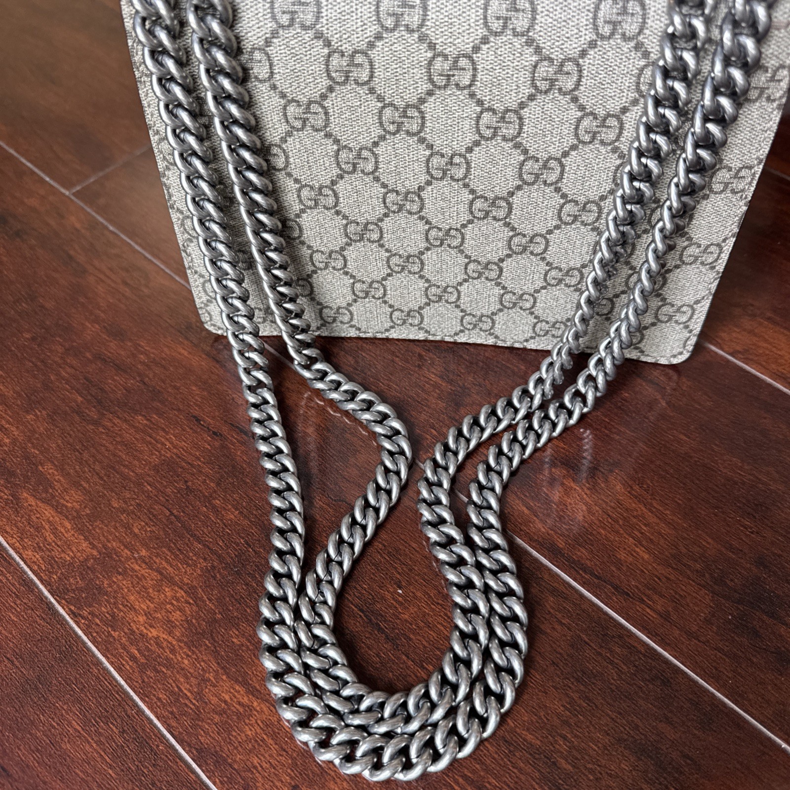 Gucci Dionysus Small GG Supreme Chain Bag Beige Canvas Red Suede Silver Hardware