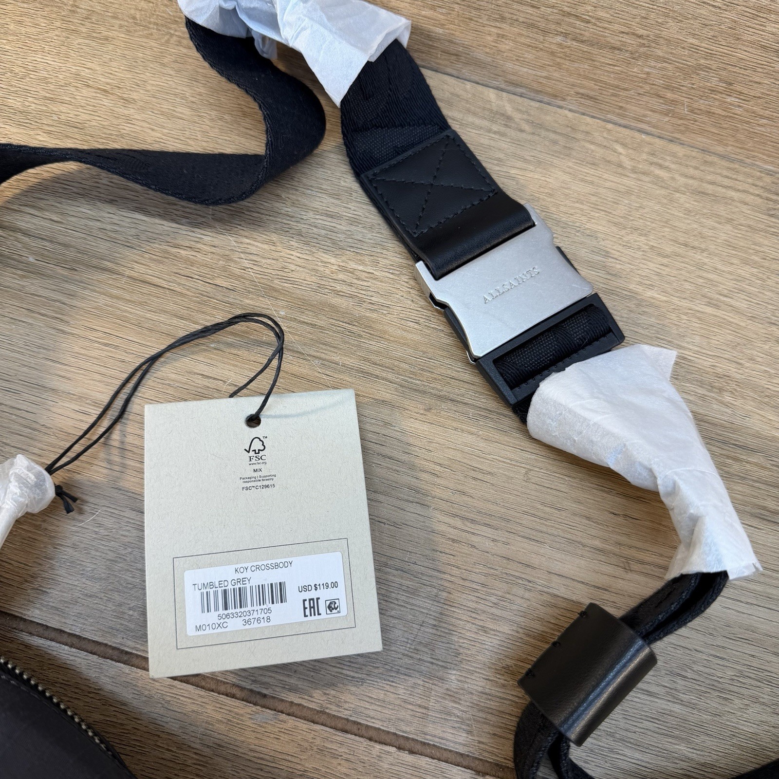 NWT AllSaints Nylon Koy Crossbody Tumbled Grey Crescent Half Moon Bag $119