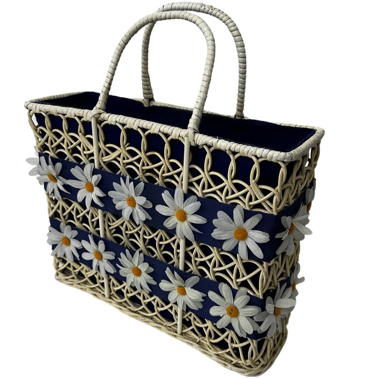 VTG Wicker Daisy Flower Tote Purse Large White Blue Maybelle Marie 60s 50s Mod