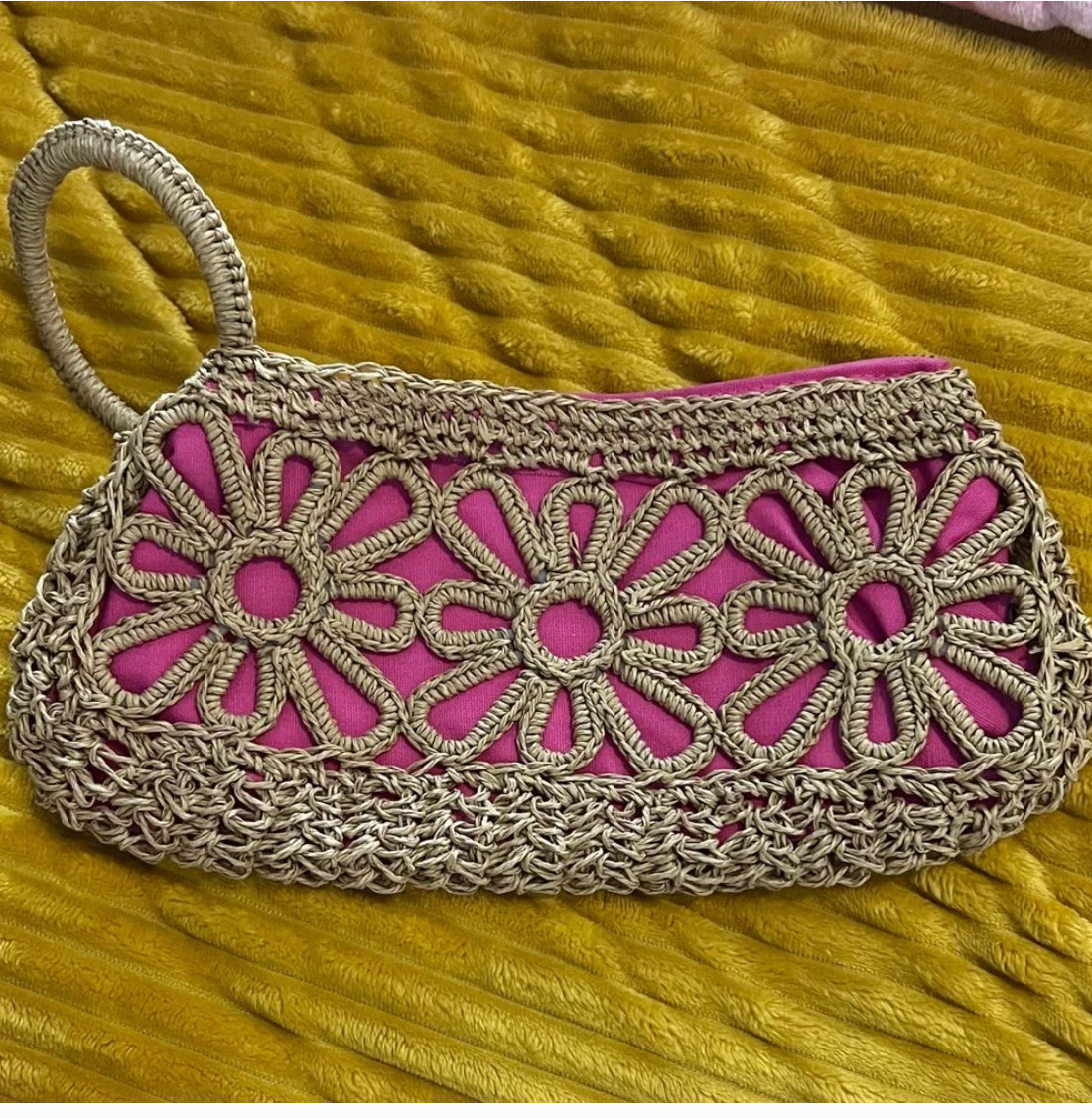 Pink and Tan Crochet Flower Handbag