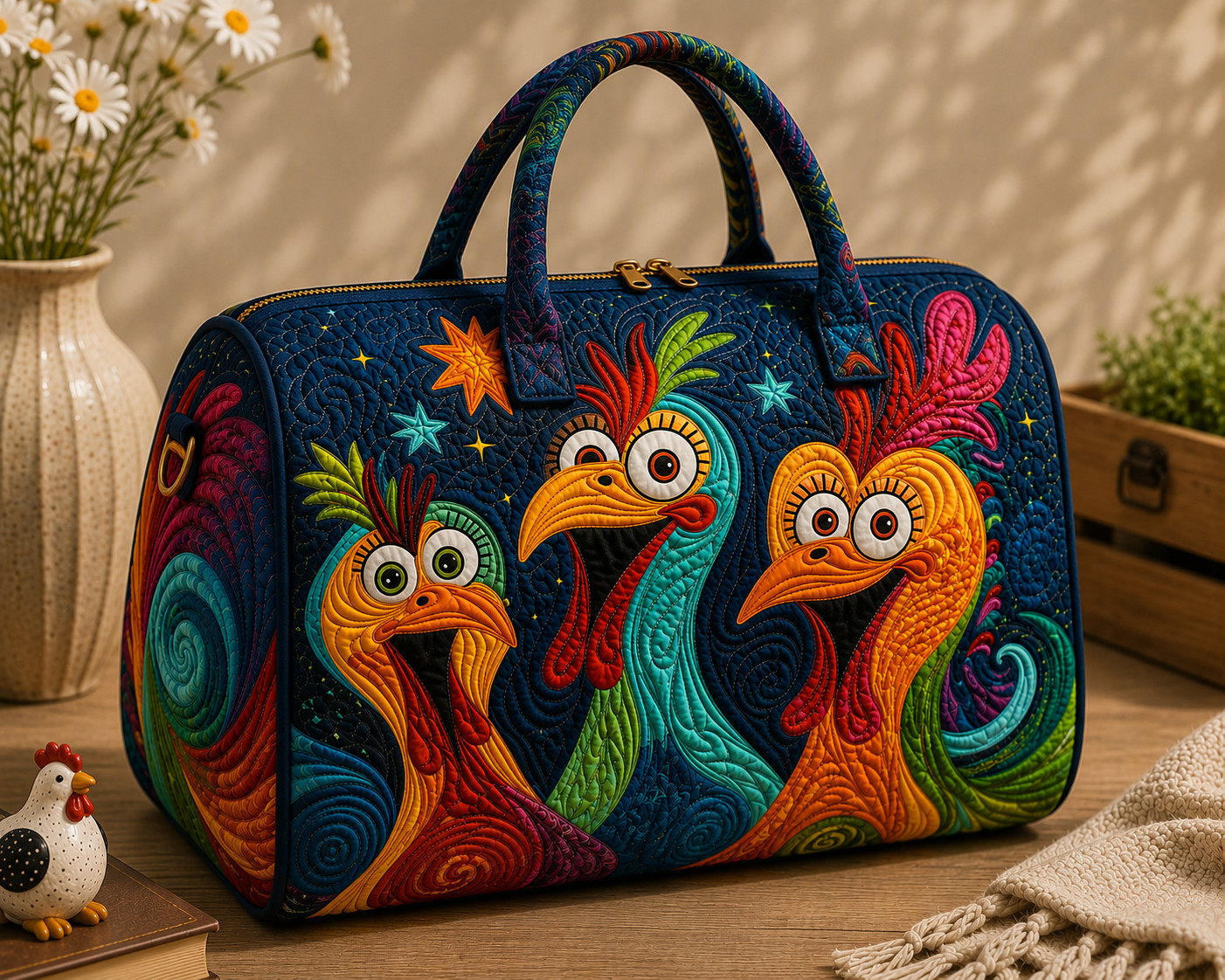 Funny Rooster Quilted Duffel Bag Colorful Chicken Travel Overnight Bag Gift