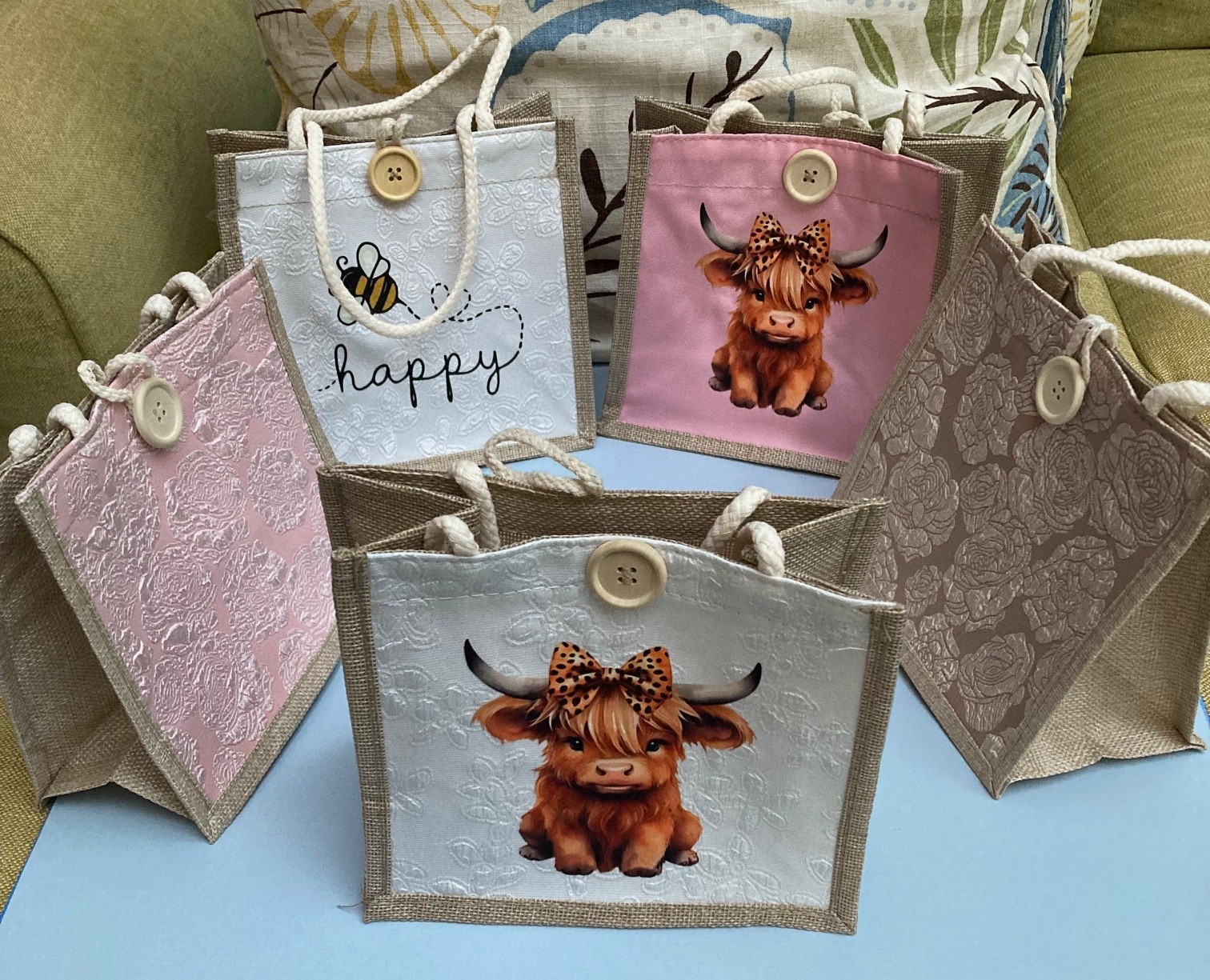 Rustic Floral Mini Tote Bag Jute Style Highland Cow Cottagecore Gift